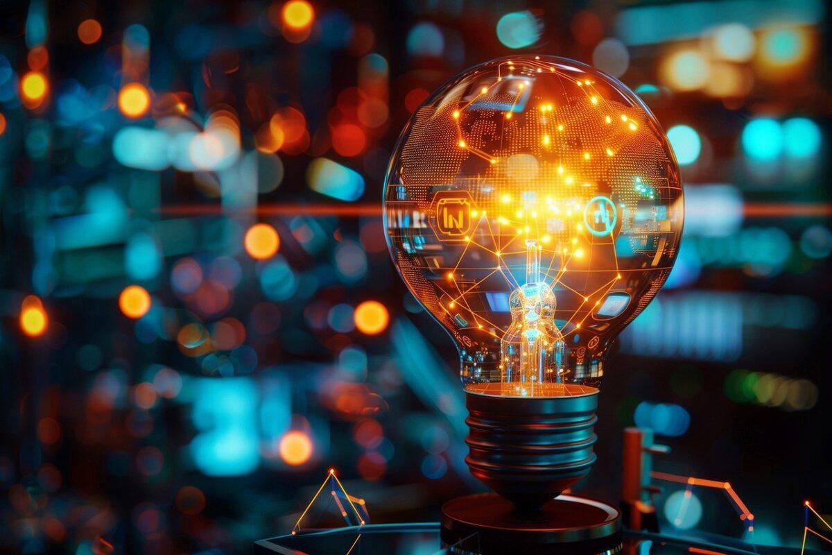 Gloeilamp met lichtgevende netwerklijnen als symbool voor ideeën